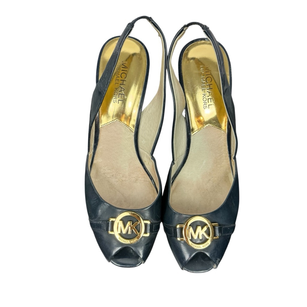 Michael Kors Rochelle Sandal Womens 7.5M Blue Peep Toe Slingback Wedge MK Logo